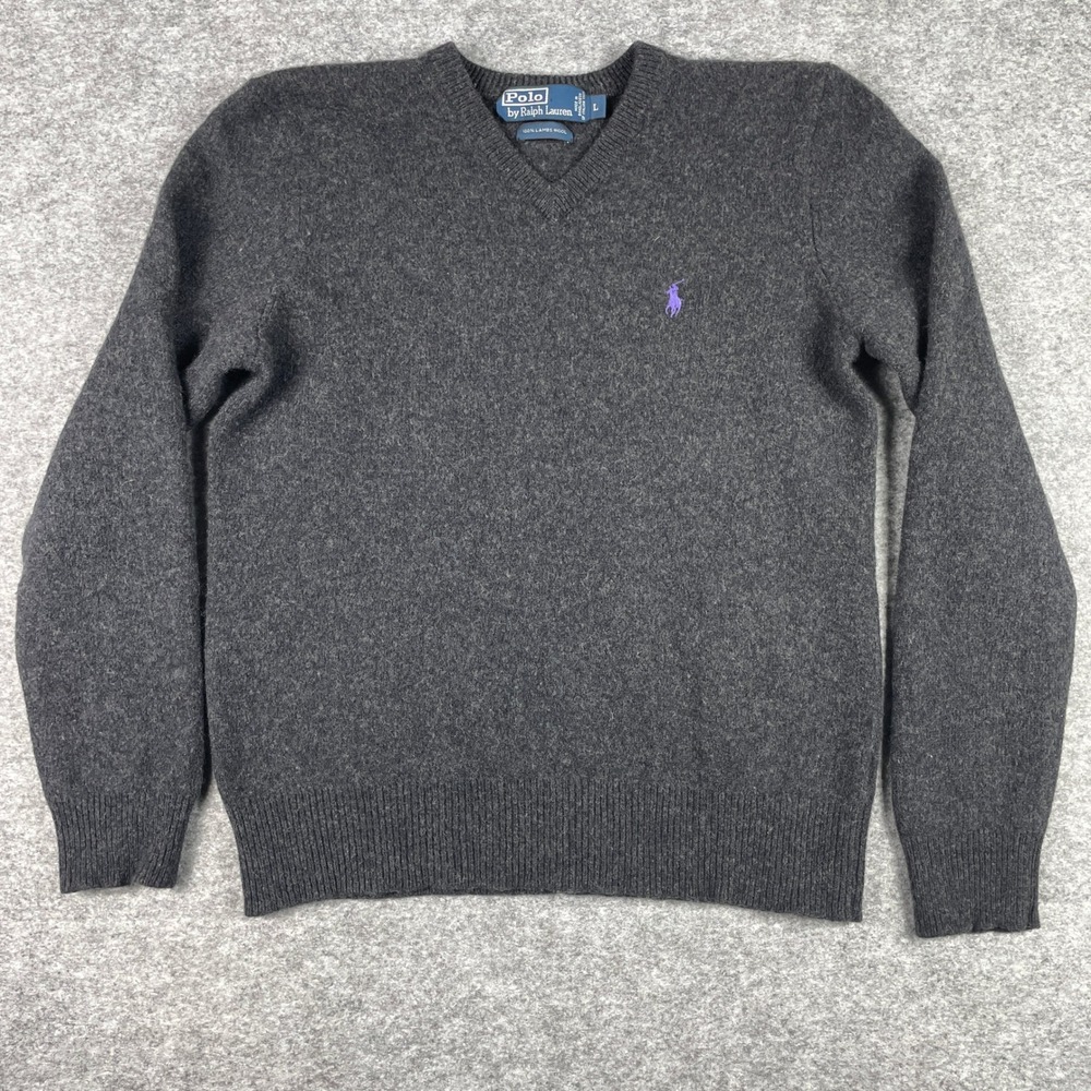 Polo Ralph Lauren Sweater Mens S Grey V-Neck 100% Lambswool Pony Classic Fit 90s